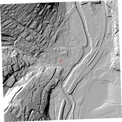 Shaded relief map of the ground around PL220BP, computed from Environment Agency LiDAR. The ground here sits at about 5 m above sea level and falls 72 m across the surrounding 800 m. Surface water reaching this point runs off ground lying to the north-west, 12.4 m higher.