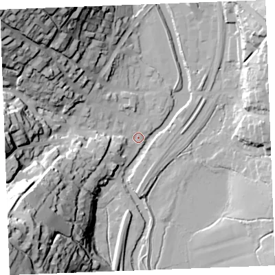 Shaded relief map of the ground around PL220BS, computed from Environment Agency LiDAR. The ground here sits at about 3 m above sea level and falls 62 m across the surrounding 800 m. Surface water reaching this point runs off ground lying to the north-west, 59.9 m higher.