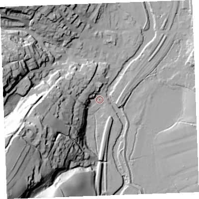Shaded relief map of the ground around PL220BU, computed from Environment Agency LiDAR. The ground here sits at about 4 m above sea level and falls 80 m across the surrounding 800 m. Surface water reaching this point runs off ground lying to the west-south-west, 63.1 m higher.