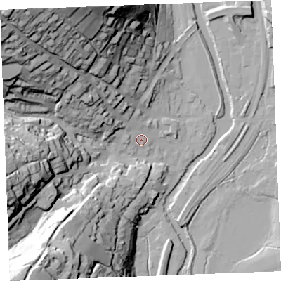 Shaded relief map of the ground around PL220BW, computed from Environment Agency LiDAR. The ground here sits at about 7 m above sea level and falls 80 m across the surrounding 800 m. Surface water reaching this point runs off ground lying to the north-north-west, 10.4 m higher.