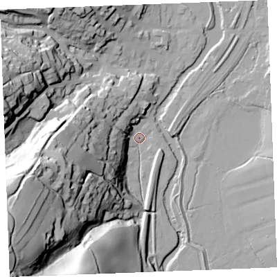 Shaded relief map of the ground around PL220BX, computed from Environment Agency LiDAR. The ground here sits at about 3 m above sea level and falls 84 m across the surrounding 800 m. Surface water reaching this point runs off ground lying to the west-south-west, 63.1 m higher.