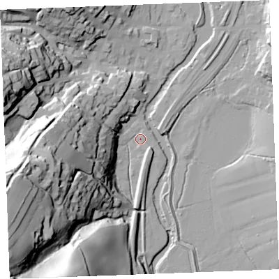 Shaded relief map of the ground around PL220BY, computed from Environment Agency LiDAR. The ground here sits at about 3 m above sea level and falls 78 m across the surrounding 800 m. Surface water reaching this point runs off ground lying to the west-south-west, 63.1 m higher.