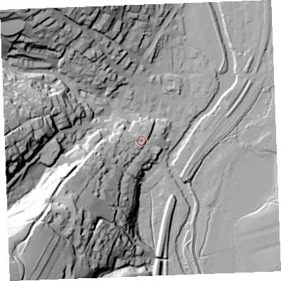 Shaded relief map of the ground around PL220DB, computed from Environment Agency LiDAR. The ground here sits at about 13 m above sea level and falls 85 m across the surrounding 800 m. Surface water reaching this point runs off ground lying to the south-west, 40.0 m higher.
