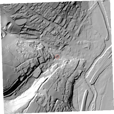 Shaded relief map of the ground around PL220DJ, computed from Environment Agency LiDAR. The ground here sits at about 11 m above sea level and falls 90 m across the surrounding 800 m. Surface water reaching this point runs off ground lying to the south-west, 81.9 m higher.