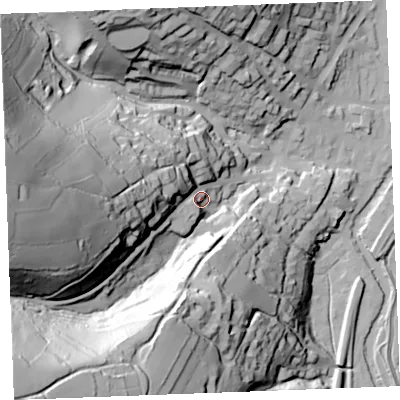 Shaded relief map of the ground around PL220DR, computed from Environment Agency LiDAR. The ground here sits at about 27 m above sea level and falls 113 m across the surrounding 800 m. Surface water reaching this point runs off ground lying to the west, 81.3 m higher.