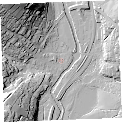 Shaded relief map of the ground around PL220DX, computed from Environment Agency LiDAR. The ground here sits at about 3 m above sea level and falls 72 m across the surrounding 800 m. Surface water reaching this point runs off ground lying to the north-west, 42.9 m higher.