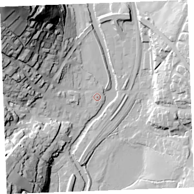 Shaded relief map of the ground around PL220DY, computed from Environment Agency LiDAR. The ground here sits at about 4 m above sea level and falls 78 m across the surrounding 800 m. Surface water reaching this point runs off ground lying to the south-south-west, 1.2 m higher.