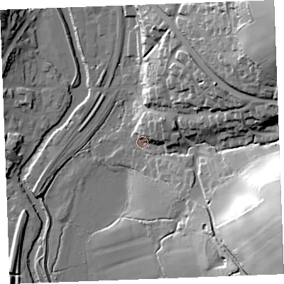 Shaded relief map of the ground around PL220EB, computed from Environment Agency LiDAR. The ground here sits at about 6 m above sea level and falls 63 m across the surrounding 800 m. Surface water reaching this point runs off ground lying to the east-south-east, 59.1 m higher.