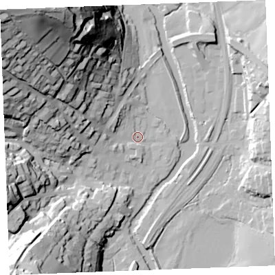 Shaded relief map of the ground around PL220EF, computed from Environment Agency LiDAR. The ground here sits at about 4 m above sea level and falls 89 m across the surrounding 800 m. Surface water reaching this point runs off ground lying to the west-north-west, 42.2 m higher.