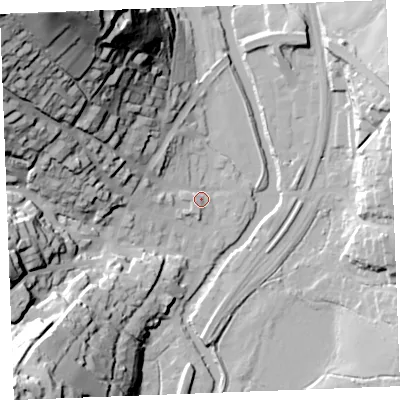 Shaded relief map of the ground around PL220EG, computed from Environment Agency LiDAR. The ground here sits at about 5 m above sea level and falls 82 m across the surrounding 800 m. Surface water reaching this point runs off ground lying to the north-west, 42.8 m higher.