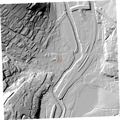 Shaded relief map of the ground around PL220EL, computed from Environment Agency LiDAR. The ground here sits at about 4 m above sea level and falls 74 m across the surrounding 800 m. Surface water reaching this point runs off ground lying to the north-west, 42.9 m higher.