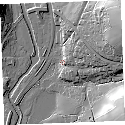 Shaded relief map of the ground around PL220EP, computed from Environment Agency LiDAR. The ground here sits at about 7 m above sea level and falls 64 m across the surrounding 800 m. Surface water reaching this point runs off ground lying to the east, 30.4 m higher.