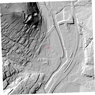 Shaded relief map of the ground around PL220HA, computed from Environment Agency LiDAR. The ground here sits at about 5 m above sea level and falls 100 m across the surrounding 800 m. Surface water reaching this point runs off ground lying to the north-west, 92.7 m higher.