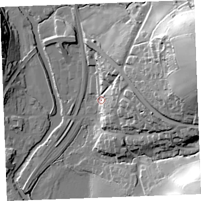 Shaded relief map of the ground around PL220HB, computed from Environment Agency LiDAR. The ground here sits at about 8 m above sea level and falls 62 m across the surrounding 800 m. Surface water reaching this point runs off ground lying to the east, 56.6 m higher.