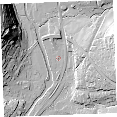 Shaded relief map of the ground around PL220HG, computed from Environment Agency LiDAR. The ground here sits at about 5 m above sea level and falls 72 m across the surrounding 800 m. Surface water reaching this point runs off ground lying to the north-east, 2.7 m higher.