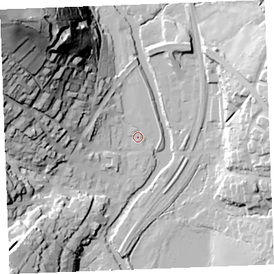 Shaded relief map of the ground around PL220HJ, computed from Environment Agency LiDAR. The ground here sits at about 4 m above sea level and falls 92 m across the surrounding 800 m. Surface water reaching this point runs off ground lying to the north-west, 89.7 m higher.