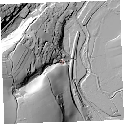 Shaded relief map of the ground around PL220JP, computed from Environment Agency LiDAR. The ground here sits at about 10 m above sea level and falls 93 m across the surrounding 800 m. Surface water reaching this point runs off ground lying to the south-west, 87.2 m higher.