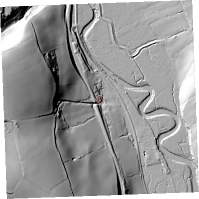 Shaded relief map of the ground around PL220JR, computed from Environment Agency LiDAR. The ground here sits at about 10 m above sea level and falls 87 m across the surrounding 800 m. Surface water reaching this point runs off ground lying to the west-south-west, 82.8 m higher.