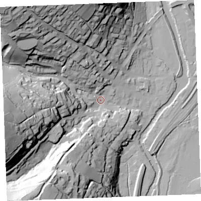 Shaded relief map of the ground around PL220JY, computed from Environment Agency LiDAR. The ground here sits at about 8 m above sea level and falls 82 m across the surrounding 800 m. Surface water reaching this point runs off ground lying to the north-west, 75.0 m higher.