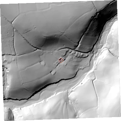 Shaded relief map of the ground around PL220NG, computed from Environment Agency LiDAR. The ground here sits at about 16 m above sea level and falls 87 m across the surrounding 800 m. Surface water reaching this point runs off ground lying to the north-west, 67.3 m higher.
