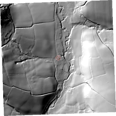 Shaded relief map of the ground around PL220NH, computed from Environment Agency LiDAR. The ground here sits at about 18 m above sea level and falls 59 m across the surrounding 800 m. Surface water reaching this point runs off ground lying to the west-north-west, 44.2 m higher.