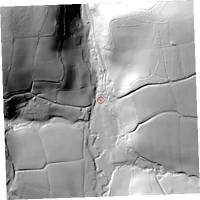 Shaded relief map of the ground around PL220NJ, computed from Environment Agency LiDAR. The ground here sits at about 19 m above sea level and falls 78 m across the surrounding 800 m. Surface water reaching this point runs off ground lying to the north-west, 75.2 m higher.