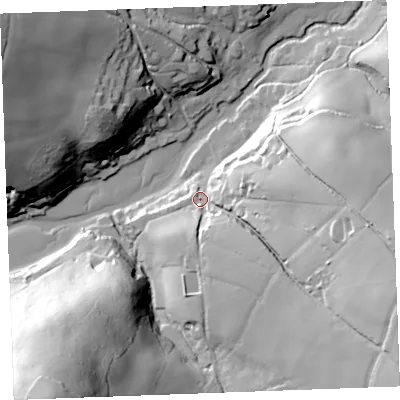 Shaded relief map of the ground around PL220PT, computed from Environment Agency LiDAR. The ground here sits at about 10 m above sea level and falls 73 m across the surrounding 800 m. Surface water reaching this point runs off ground lying to the east-south-east, 44.7 m higher.