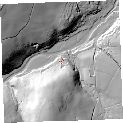 Shaded relief map of the ground around PL220PY, computed from Environment Agency LiDAR. The ground here sits at about 9 m above sea level and falls 75 m across the surrounding 800 m. Surface water reaching this point runs off ground lying to the south-south-west, 54.4 m higher.