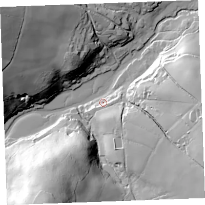 Shaded relief map of the ground around PL220PZ, computed from Environment Agency LiDAR. The ground here sits at about 4 m above sea level and falls 74 m across the surrounding 800 m. Surface water reaching this point runs off ground lying to the south-east, 11.1 m higher.