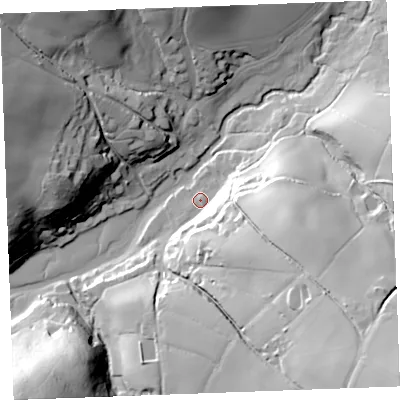 Shaded relief map of the ground around PL220QB, computed from Environment Agency LiDAR. The ground here sits at about 4 m above sea level and falls 61 m across the surrounding 800 m. Surface water reaching this point runs off ground lying to the south-east, 33.0 m higher.