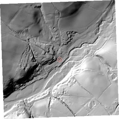 Shaded relief map of the ground around PL220QD, computed from Environment Agency LiDAR. The ground here sits at about 3 m above sea level and falls 55 m across the surrounding 800 m. Surface water reaching this point runs off ground lying to the north-west, 52.6 m higher.