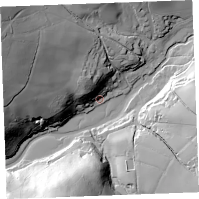 Shaded relief map of the ground around PL220QQ, computed from Environment Agency LiDAR. The ground here sits at about 3 m above sea level and falls 74 m across the surrounding 800 m. Surface water reaching this point runs off ground lying to the north-west, 31.6 m higher.