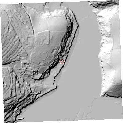 Shaded relief map of the ground around PL231AB, computed from Environment Agency LiDAR. The ground here sits at about 5 m above sea level and falls 72 m across the surrounding 800 m. Surface water reaching this point runs off ground lying to the west-north-west, 51.0 m higher.