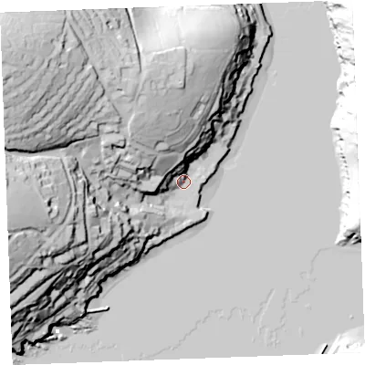 Shaded relief map of the ground around PL231AH, computed from Environment Agency LiDAR. The ground here sits at about 4 m above sea level and falls 79 m across the surrounding 800 m. Surface water reaching this point runs off ground lying to the north-west, 73.8 m higher.