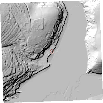 Shaded relief map of the ground around PL231AJ, computed from Environment Agency LiDAR. The ground here sits at about 3 m above sea level and falls 74 m across the surrounding 800 m. Surface water reaching this point runs off ground lying to the north-west, 48.8 m higher.