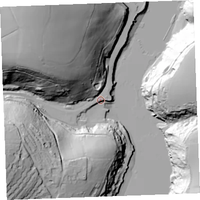 Shaded relief map of the ground around PL231AL, computed from Environment Agency LiDAR. The ground here sits at about 8 m above sea level and falls 88 m across the surrounding 800 m. Surface water reaching this point runs off ground lying to the north-west, 77.8 m higher.