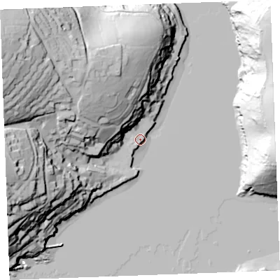Shaded relief map of the ground around PL231AN, computed from Environment Agency LiDAR. The ground here sits at about 3 m above sea level and falls 75 m across the surrounding 800 m. Surface water reaching this point runs off ground lying to the north-west, 46.3 m higher.