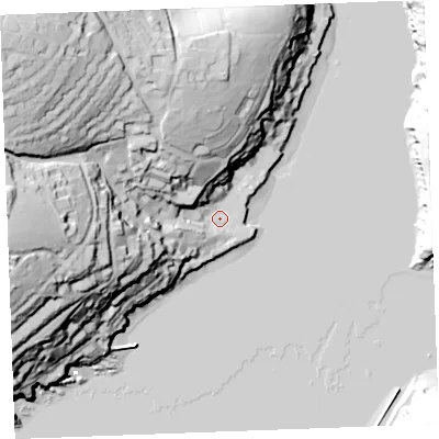 Shaded relief map of the ground around PL231AP, computed from Environment Agency LiDAR. The ground here sits at about 3 m above sea level and falls 80 m across the surrounding 800 m. Surface water reaching this point runs off ground lying to the north-west, 74.4 m higher.