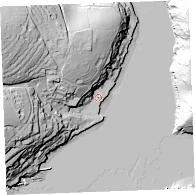 Shaded relief map of the ground around PL231AQ, computed from Environment Agency LiDAR. The ground here sits at about 3 m above sea level and falls 77 m across the surrounding 800 m. Surface water reaching this point runs off ground lying to the north-west, 40.8 m higher.
