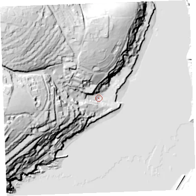 Shaded relief map of the ground around PL231AR, computed from Environment Agency LiDAR. The ground here sits at about 4 m above sea level and falls 81 m across the surrounding 800 m. Surface water reaching this point runs off ground lying to the north-west, 75.6 m higher.