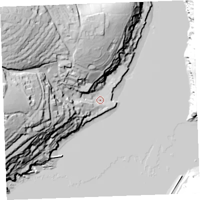 Shaded relief map of the ground around PL231AS, computed from Environment Agency LiDAR. The ground here sits at about 3 m above sea level and falls 80 m across the surrounding 800 m. Surface water reaching this point runs off ground lying to the north-west, 74.4 m higher.