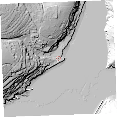 Shaded relief map of the ground around PL231AT, computed from Environment Agency LiDAR. The ground here sits at about 3 m above sea level and falls 79 m across the surrounding 800 m. Surface water reaching this point runs off ground lying to the north-west, 75.4 m higher.