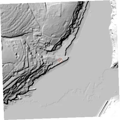 Shaded relief map of the ground around PL231AX, computed from Environment Agency LiDAR. The ground here sits at about 4 m above sea level and falls 79 m across the surrounding 800 m. Surface water reaching this point runs off ground lying to the west, 50.4 m higher.