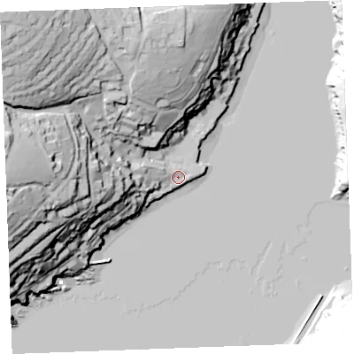 Shaded relief map of the ground around PL231AZ, computed from Environment Agency LiDAR. The ground here sits at about 3 m above sea level and falls 80 m across the surrounding 800 m. Surface water reaching this point runs off ground lying to the west, 50.4 m higher.