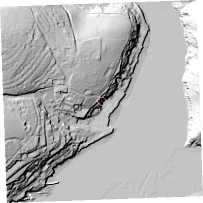 Shaded relief map of the ground around PL231BZ, computed from Environment Agency LiDAR. The ground here sits at about 12 m above sea level and falls 79 m across the surrounding 800 m. Surface water reaching this point runs off ground lying to the north-west, 26.2 m higher.