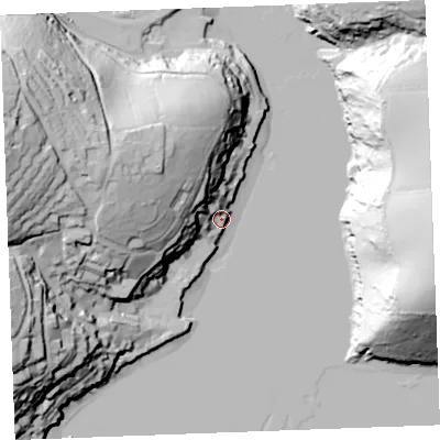 Shaded relief map of the ground around PL231DA, computed from Environment Agency LiDAR. The ground here sits at about 4 m above sea level and falls 69 m across the surrounding 800 m. Surface water reaching this point runs off ground lying to the west-north-west, 27.4 m higher.