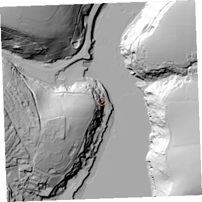 Shaded relief map of the ground around PL231DE, computed from Environment Agency LiDAR. The ground here sits at about 10 m above sea level and falls 79 m across the surrounding 800 m. Surface water reaching this point runs off ground lying to the west-south-west, 27.3 m higher.