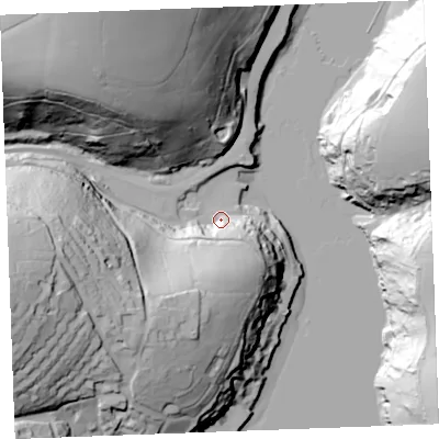 Shaded relief map of the ground around PL231DF, computed from Environment Agency LiDAR. The ground here sits at about 6 m above sea level and falls 83 m across the surrounding 800 m. Surface water reaching this point runs off ground lying to the south-south-east, 21.2 m higher.