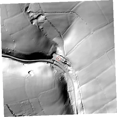Shaded relief map of the ground around PL231FB, computed from Environment Agency LiDAR. The ground here sits at about 41 m above sea level and falls 71 m across the surrounding 800 m. Surface water reaching this point runs off ground lying to the north-north-east, 56.4 m higher.
