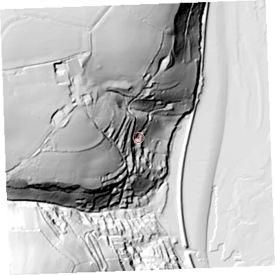 Shaded relief map of the ground around PL231LD, computed from Environment Agency LiDAR. The ground here sits at about 28 m above sea level and falls 107 m across the surrounding 800 m. Surface water reaching this point runs off ground lying to the west-north-west, 45.3 m higher.